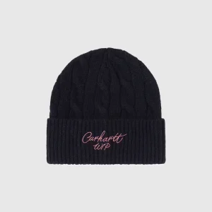 Carhartt WIP Bonnet - Signature Cable Beanie - Deep Night/Glassy Pink